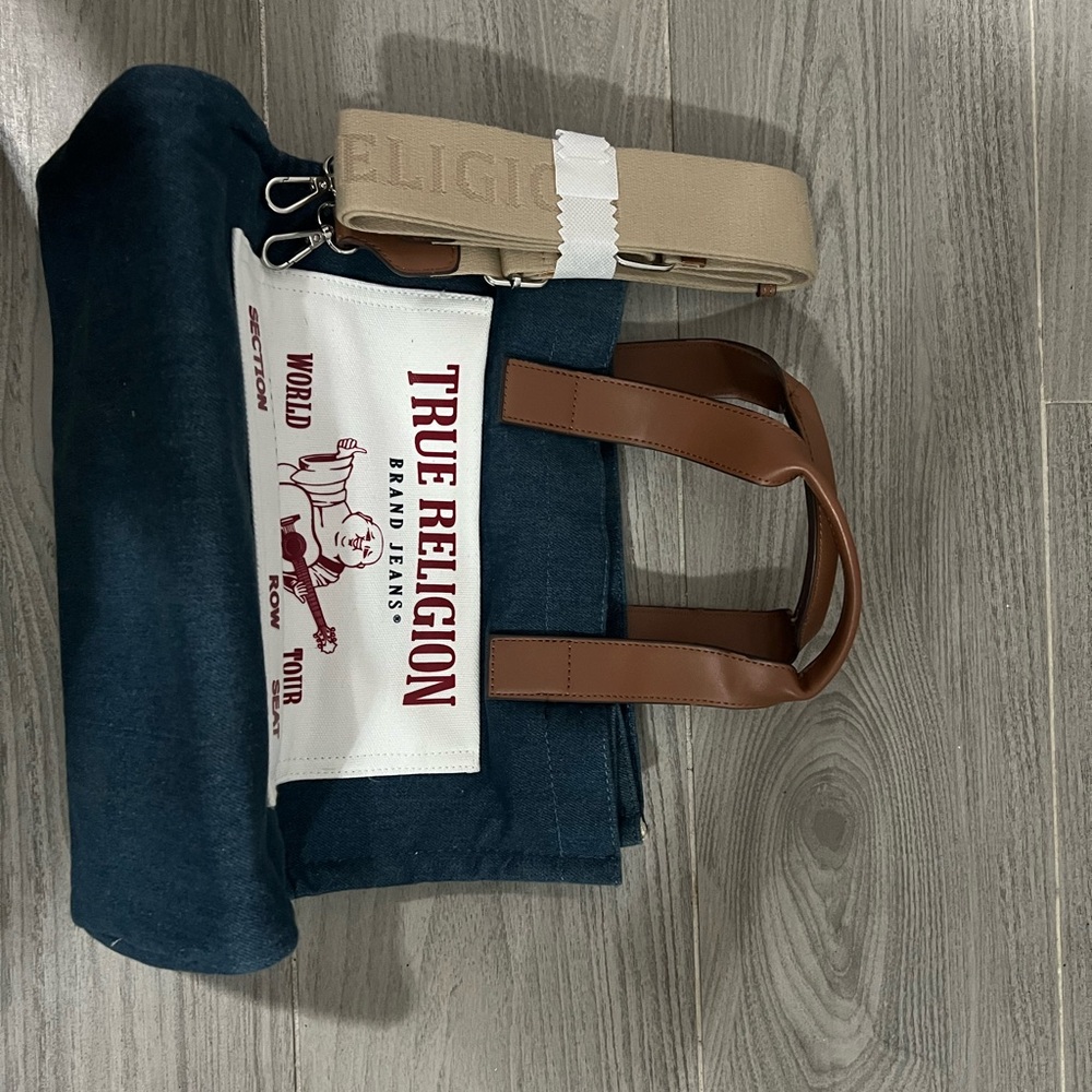 True Religion Blue and Brown Denim Tote Bag - Picture 3 of 4